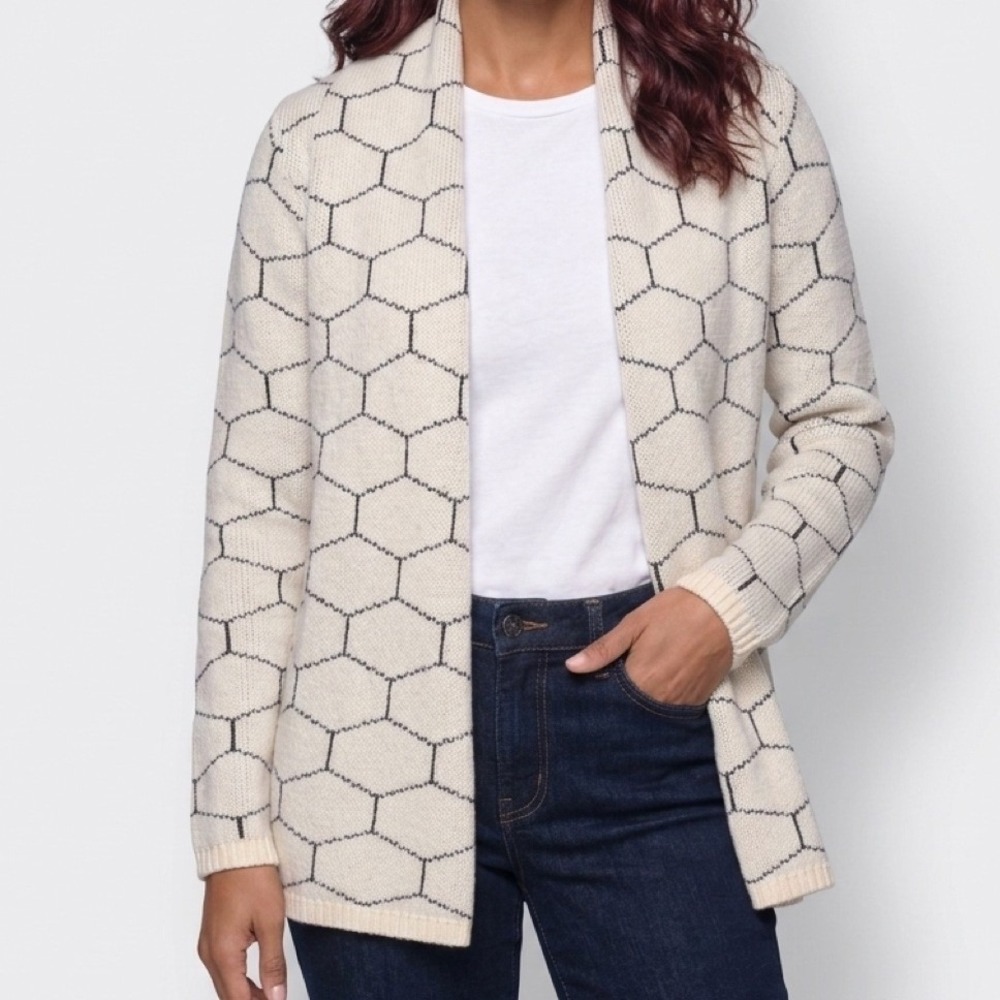 Ann Taylor Cardigan Women Small Cream Geometric Honeycomb Wool Alpaca Open Front